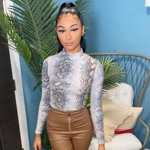 Snake Print Animal Print Long Sleeve High Neck Bodycon Bodysuit Top Leotard